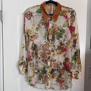 Aratta Floral Sheer Blouse with Velvet Collar. Size Small